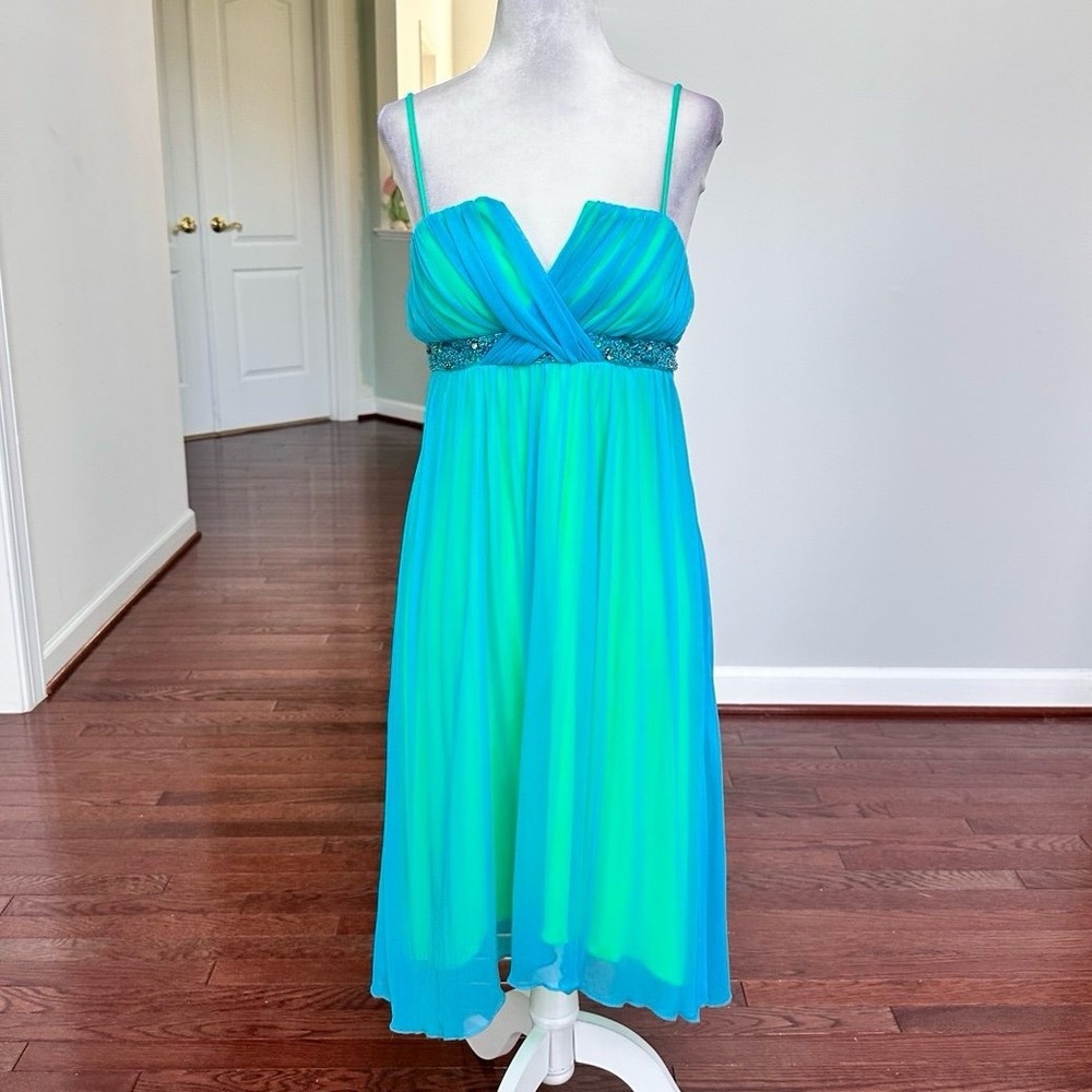 City Triangles‎ Green Light Blue Beaded Embellished Asymmetrical Cocktail Dress